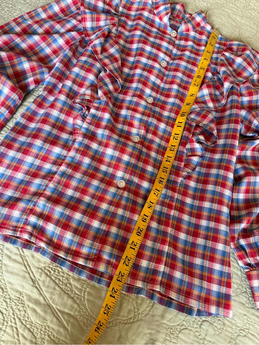 *SOLD* VTG 80s Handmade Plaid Ruffle Blouse Cottagecore Prairie Romantic, S - Picture 14 of 14